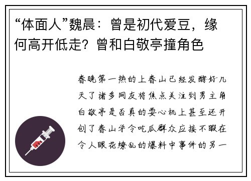 “体面人”魏晨：曾是初代爱豆，缘何高开低走？曾和白敬亭撞角色