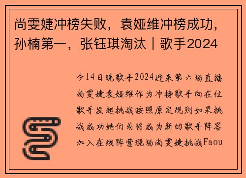 尚雯婕冲榜失败，袁娅维冲榜成功，孙楠第一，张钰琪淘汰｜歌手2024