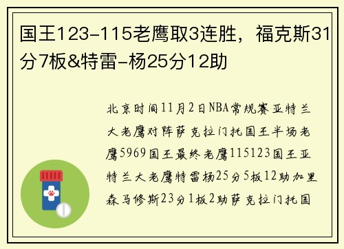 国王123-115老鹰取3连胜，福克斯31分7板&特雷-杨25分12助