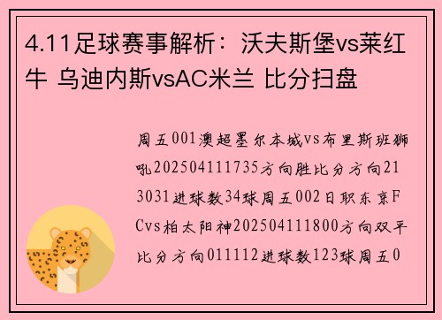 4.11足球赛事解析：沃夫斯堡vs莱红牛 乌迪内斯vsAC米兰 比分扫盘